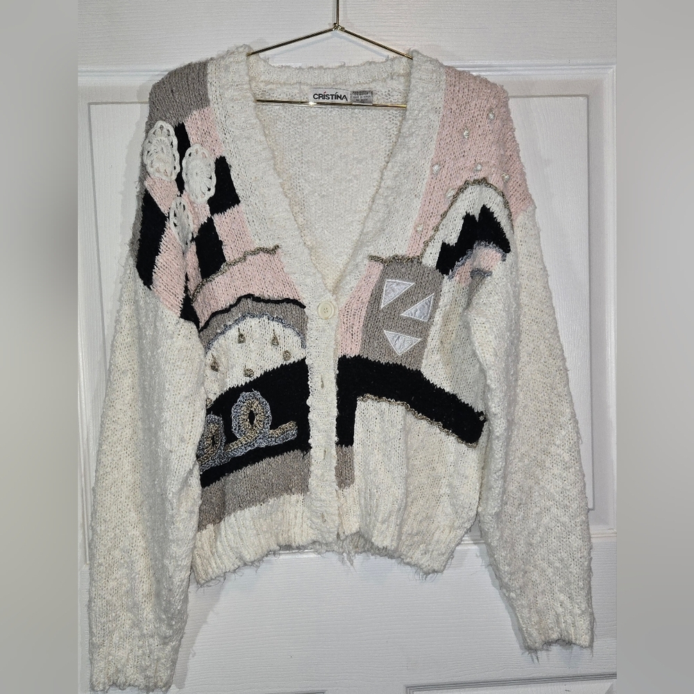Cristina Vintage Women's Cream and Black Cardigan Medium